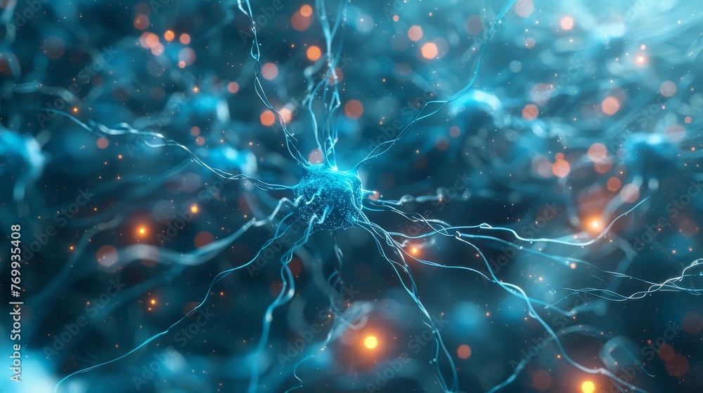 Poster digital illustration of a neuron synapse network, highlighted with blue and orange light, symbolizin