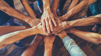 Group of people clasped their hands together. View from above. Teamwork concept in development team - obrazy, fototapety, plakaty