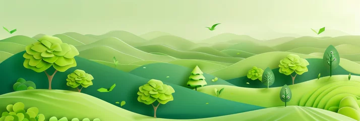 Fotobehang Serene Green Hills Landscape Illustration with Flying Birds © Yulia