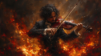Fototapeta premium Violin player is playing so hard he is on fire.