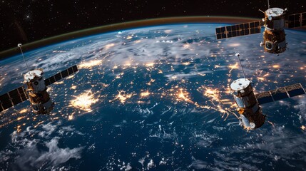 A trio of satellites in orbit above the Earth at night, with the glittering city lights outlining the continents below, highlighting human civilization from space.