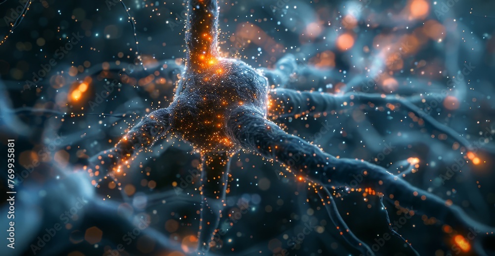 Poster a detailed digital visualization of a neural synapse within a network, highlighting the intricate ex