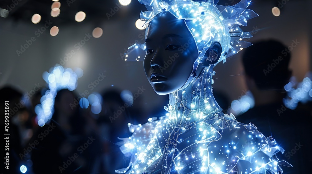 Poster a futuristic android head adorned with illuminated wiring and lights, presented against a blurred ba