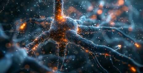 A detailed digital visualization of a neural synapse within a network, highlighting the intricate exchange of information and energy. - obrazy, fototapety, plakaty