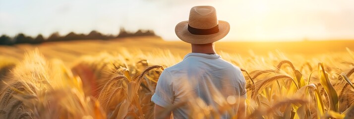 Farmer looking at a wheat field at sunset. Agriculture industry concept. Farming lifestyle, farmland. Design for banner, header with copy space - obrazy, fototapety, plakaty