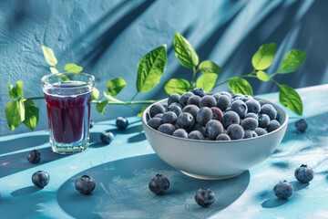 A bowl of blueberries is on a table next to a glass of juice