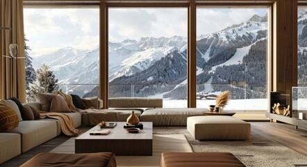 A large living room with a couch, coffee table and big windows looking out to snow covered mountains