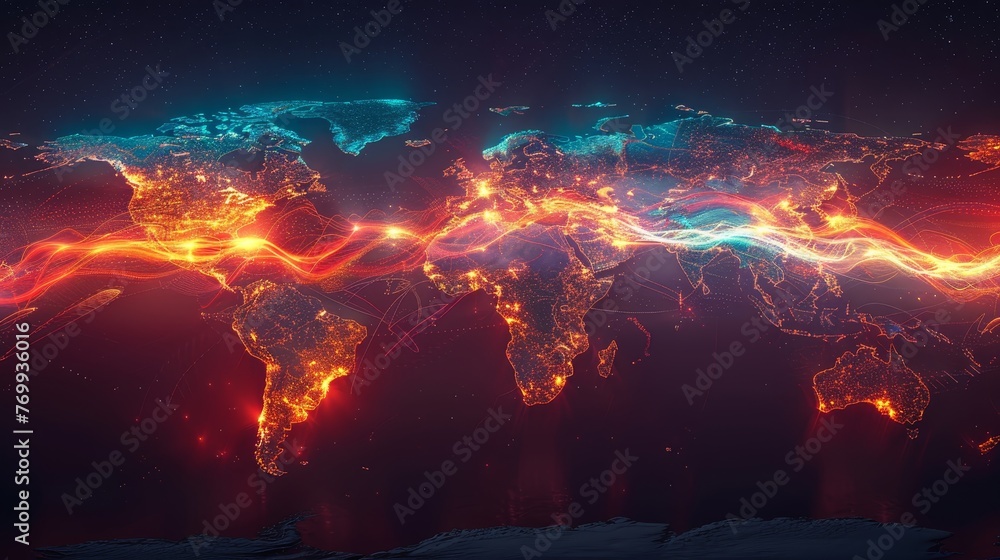Poster futuristic visualization of data flow and internet traffic across a stylized digital map of earth, w