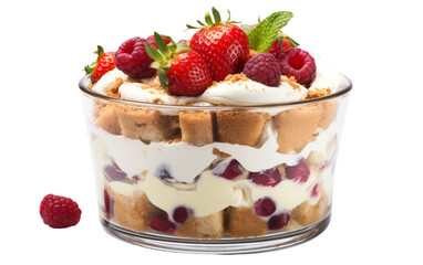 A glass dish filled with layers of strawberries, whipped cream, and sponge cake, creating a decadent trifle dessert