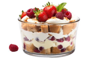 A glass dish filled with layers of strawberries, whipped cream, and sponge cake, creating a decadent trifle dessert