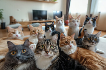 Diverse Group of Cats with Engaging Gazes in Home Environment - obrazy, fototapety, plakaty