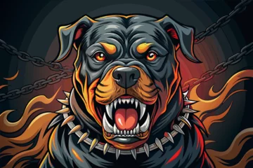 Fotobehang A captivating fashion illustration featuring a striking, hyper-realistic vector of an angry Rottweiler in a demonic attack position © AL