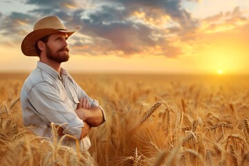 Naklejka na ściany i meble Confident farmer in a wheat field at sunset. Agriculture industry concept. Farming lifestyle, farmland. Design for banner, poster with copy space