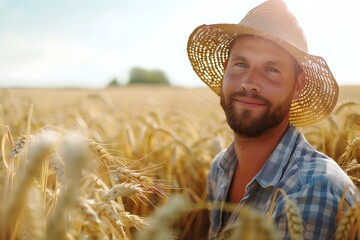 Smiling farmer in a wheat field. Agriculture industry concept. Farming lifestyle, farmland. Design for banner, poster with copy space - obrazy, fototapety, plakaty