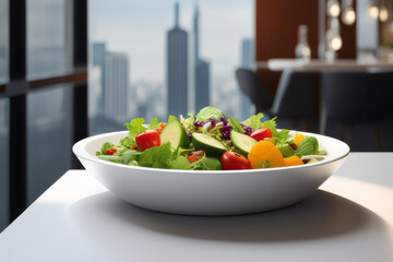 Healthy vegetarian salad served in a deep dish, captured on a café table, creating a delightful visual