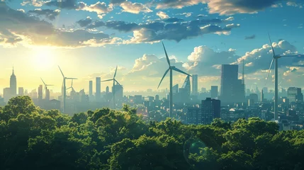 Photo sur Plexiglas Bleu Jeans As the sun rises, wind turbines tower above an urban skyline, juxtaposing the natural landscape with the city's commitment to sustainable energy.