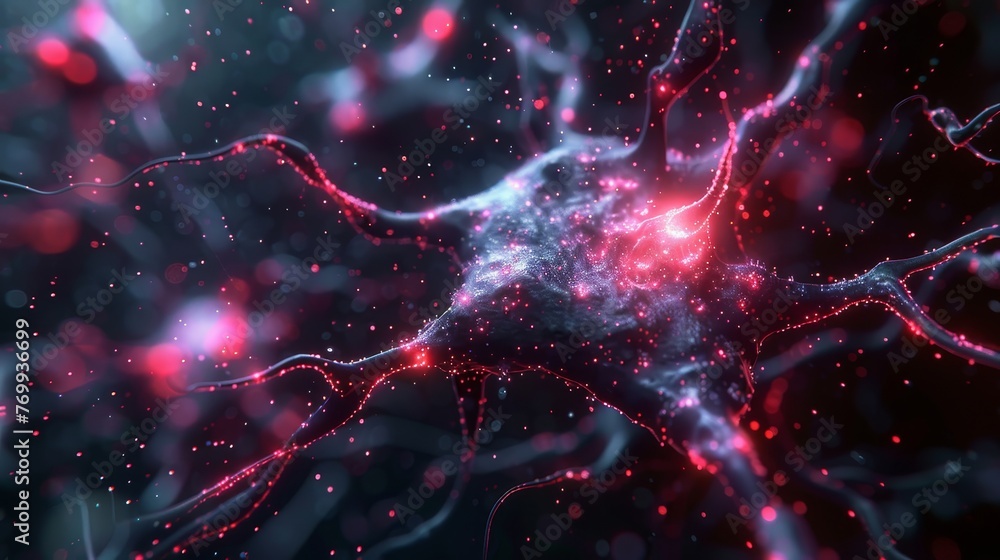 Poster digital representation of neural synapses with red and blue electrical impulses, symbolizing brain a