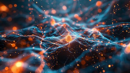 Abstract visualization of a neural network with luminous nodes and synapse-like connections, showcasing concepts of artificial intelligence and machine learning. - obrazy, fototapety, plakaty