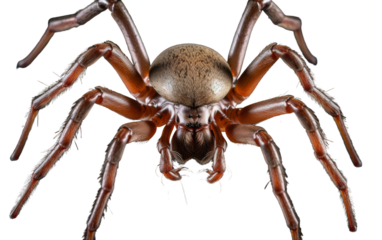 A close-up of a spider gracefully perched on a white background, showcasing its intricate patterns and delicate features