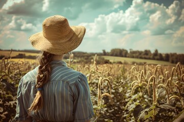 Obraz premium Female farmer looking at the crop field. Agriculture industry concept. Farming lifestyle, farmland. Design for banner, poster with copy space. Vintage style, nostalgia