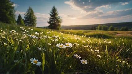 A bright, sunny meadow in spring and summer, filled with lots of white and yellow daisies under a blue sky