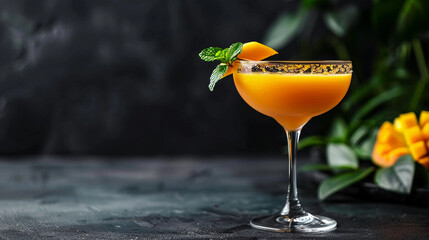 Fruit cocktail in a cocktail glass and a slice mango, mint. Summer fresh drink of mango, papaya, pineapple or juice on a dark blured background with slice of mango or papaya and copy space