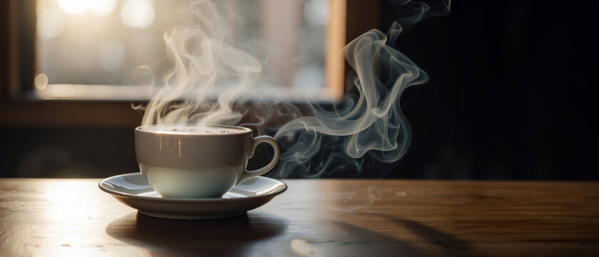 steaming cup of coffee or tea on vintage table