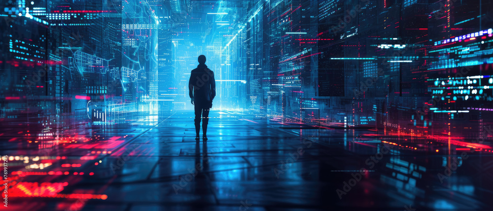 Wall mural man silhouette on digital data and lights background, person and abstract network information. theme