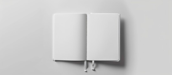 Design idea: Overhead perspective of a white notebook with an elastic band, showcasing open and closed views, set against a white backdrop for mockup purposes. Actual photograph, - obrazy, fototapety, plakaty