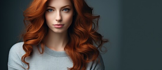 A woman with layered red hair is wearing a grey sweater, her eyelash fluttering as she gestures towards the camera - obrazy, fototapety, plakaty