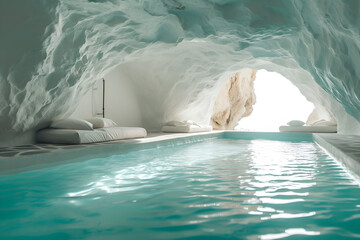 Fototapeta premium Swimming pool inside white cave with stone wall