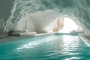 Tuinposter Canarische Eilanden Swimming pool inside white cave with stone wall