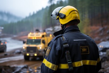 Obraz premium rescuer in a protective helmet against the background of a rescue vehicle