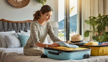 Travel, clothes and woman packing a suitcase for vacation, holiday and planning in home. Bedroom, serious person and luggage for trip preparation, journey or getting ready for tourism with bag on bed