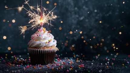 Happy birthday party celebration congratulation greeting card banner long - Cup cake with sparkling sparkler, isolated on dark black table background