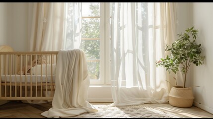 baby room with a crib and a vase of flowers on the windowsill