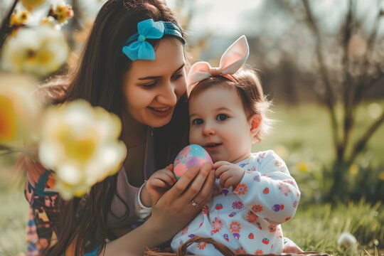 A woman is holding a baby and an Easter egg