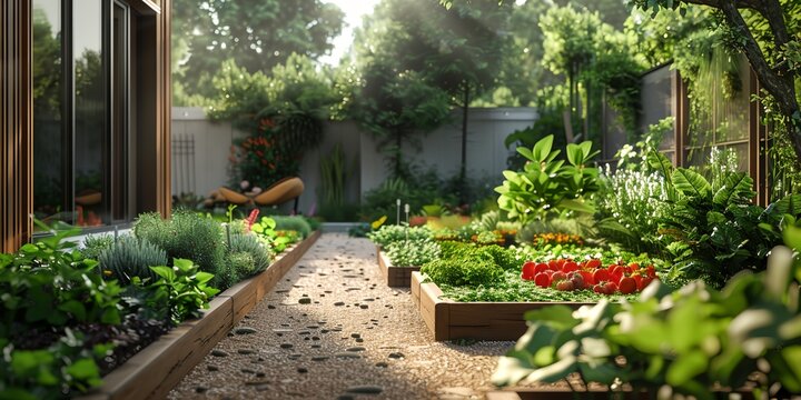 A garden with a path and a bench