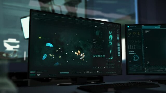 Medical software interface is studying the paramecium cell for microbiology research. Microbiology system interface observing the paramecium. Microbiology tech interface examining the paramecium. UI.