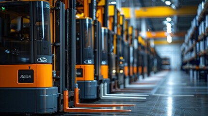Automated forklifts in action, industrial setting, warm light, efficiency focus - obrazy, fototapety, plakaty