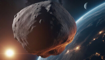 meteorite fly to the planet, asteroid crashes into the earth, destruction of planet earth, planet...