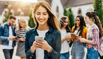 Young woman using a smart phone with her diverse and mixed group of friends behind her 