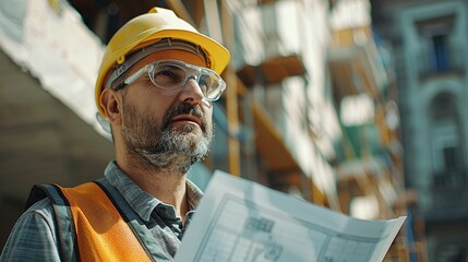 Man with blueprint on construction site, midday, hard hat, focused, clear detail