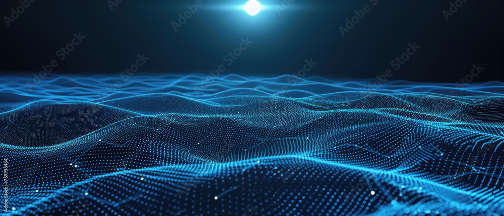 Poster cyber data abstract background, dark digital landscape with surface and sun. theme of network, futur