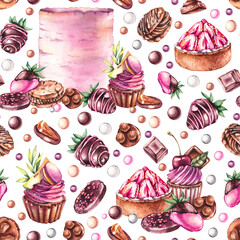 Watercolor seamless pattern with sweets and desserts
