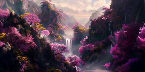 Fantasy Landscape of Cherry Blossom Trees, Waterfalls and Mountains