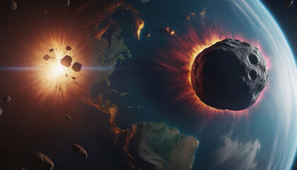 meteorite fly to the planet, asteroid crashes into the earth, destruction of planet earth, planet...