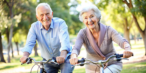 Energetic elderly couple joyfully cycling together in a public park, enjoying a vibrant lifestyle. Ideal for mature individuals seeking enjoyable activities.