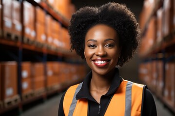 Confident female worker in hard hat and safety vest operating a forklift in industrial warehouse