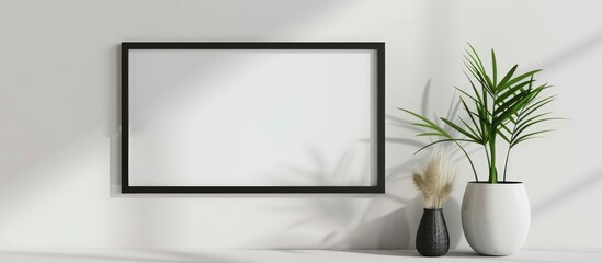 A landscape black photo frame mock-up displayed on a white wall.